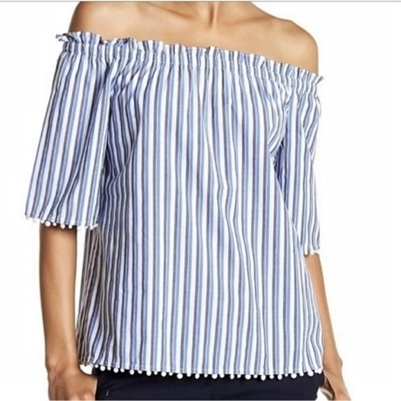 Trina Turk Tops - Trina Turk Off Shoulder Blue White Striped Pom Pom Blouse Top Size Small